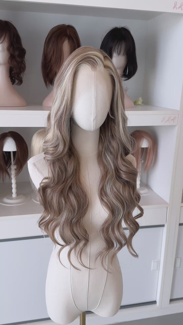 Ash Brown Hair with Chunky Blonde Highlights Long Wavy Lace Front Wig Rachel