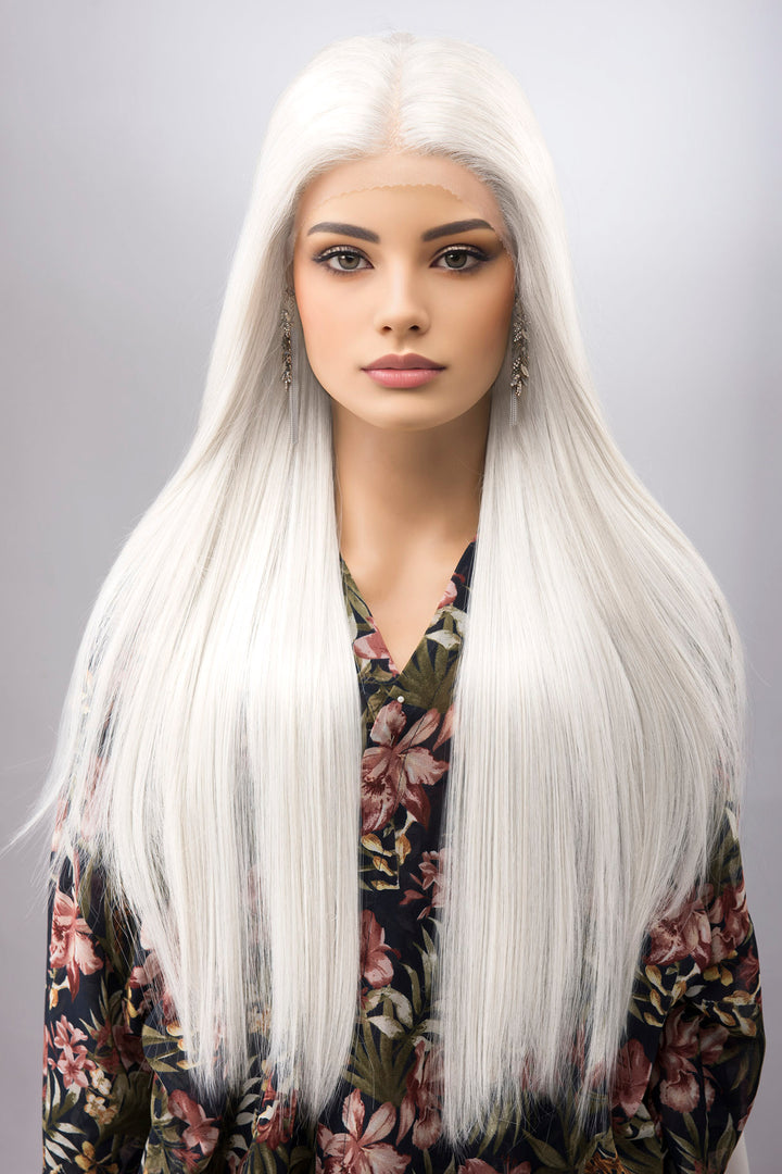 Pure White Long Straight Lace Front Synthetic Wig ONDINA