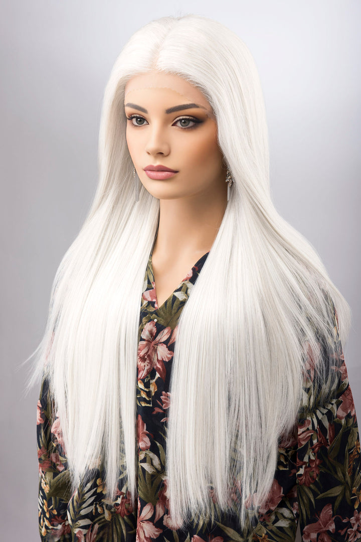 Pure White Long Straight Lace Front Synthetic Wig ONDINA