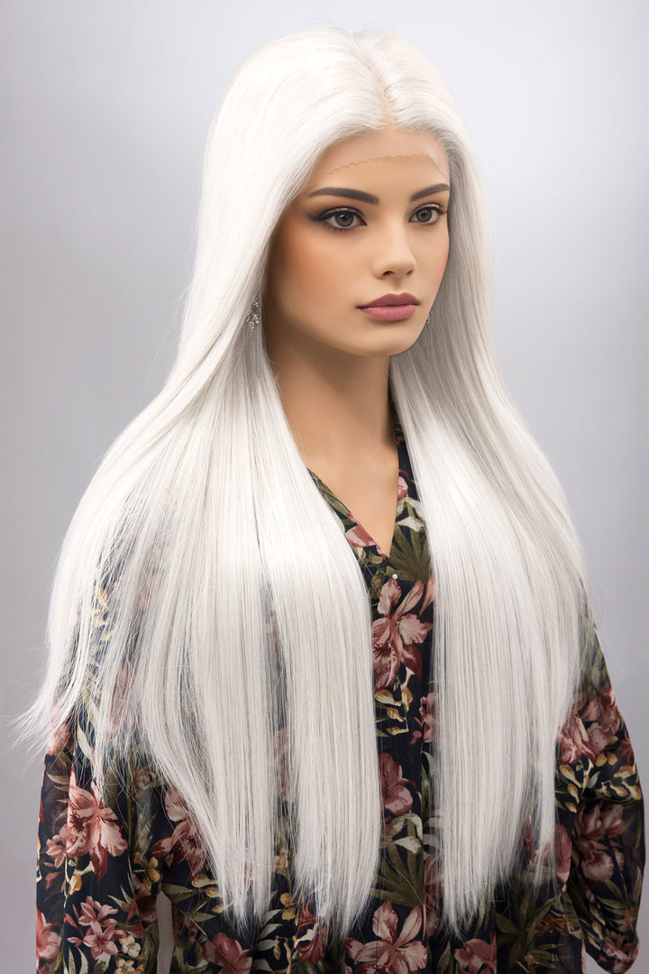 Pure White Long Straight Lace Front Synthetic Wig ONDINA