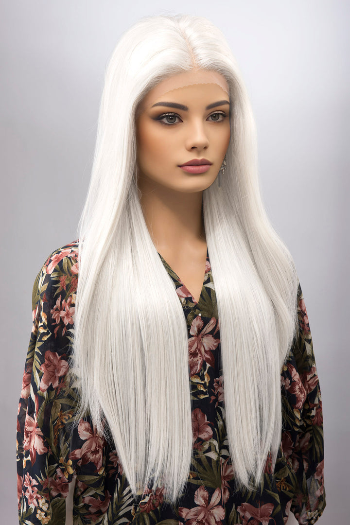 Pure White Long Straight Lace Front Synthetic Wig ONDINA