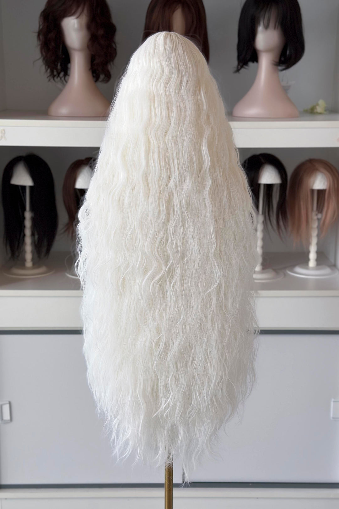 long white wig in front of other mannequin heads with wigs on a shelf.