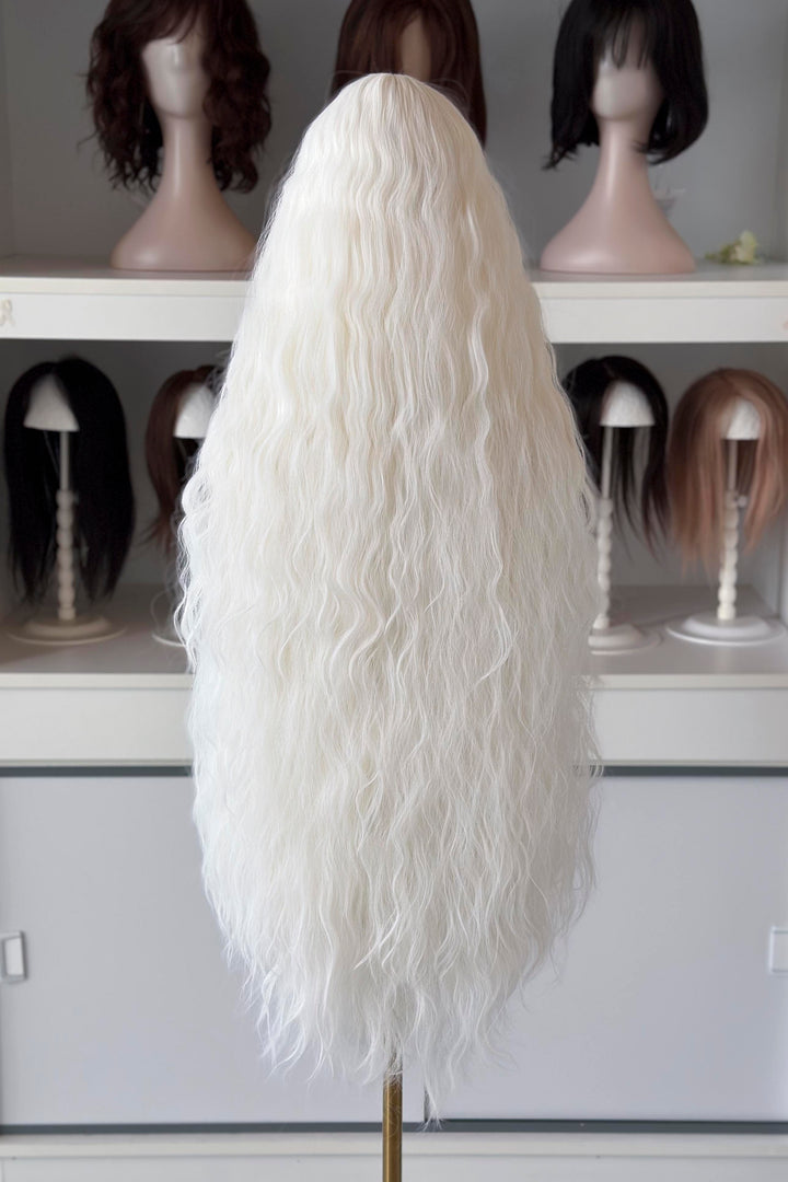 long white wig in front of other mannequin heads with wigs on a shelf.