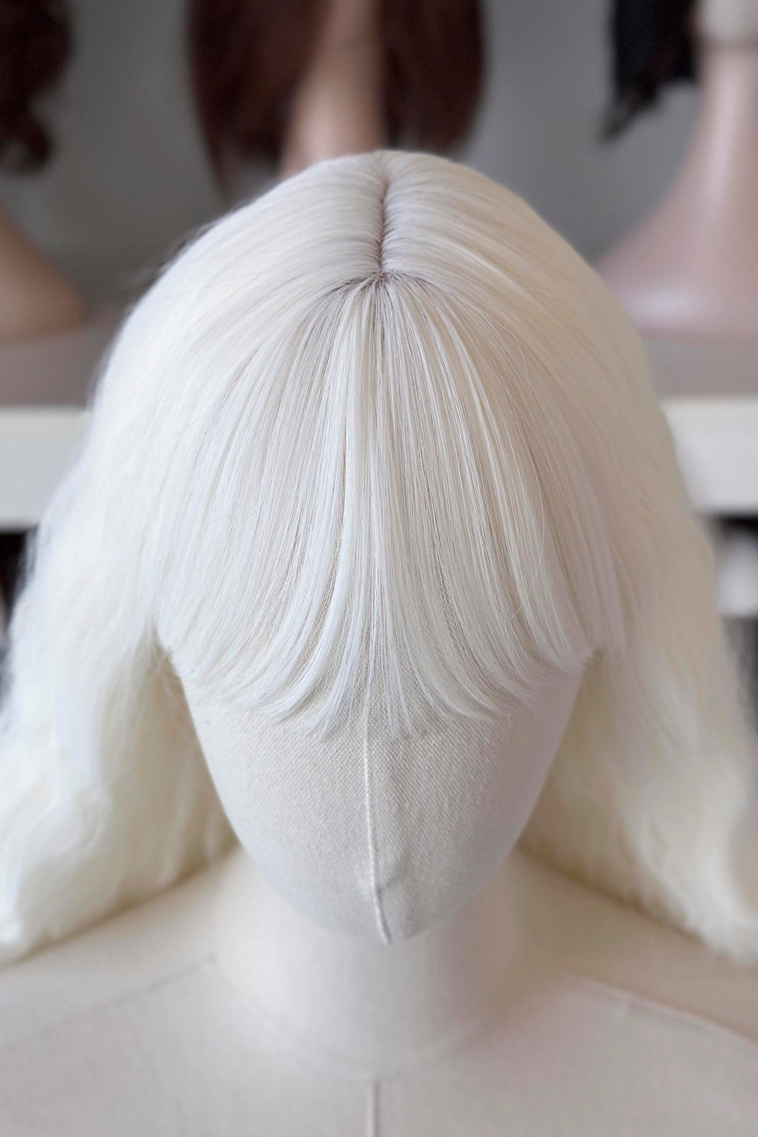 long white wig in front of other mannequin heads with wigs on a shelf.