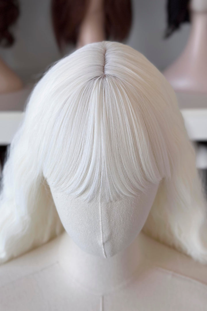 long white wig in front of other mannequin heads with wigs on a shelf.