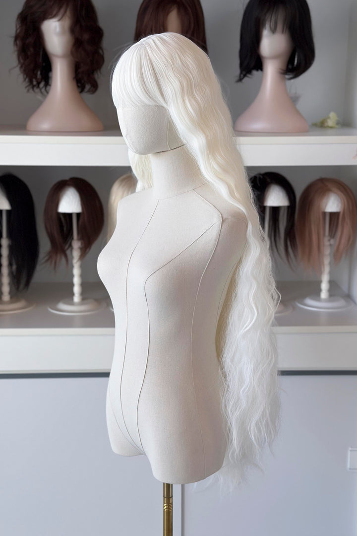long white wig in front of other mannequin heads with wigs on a shelf.