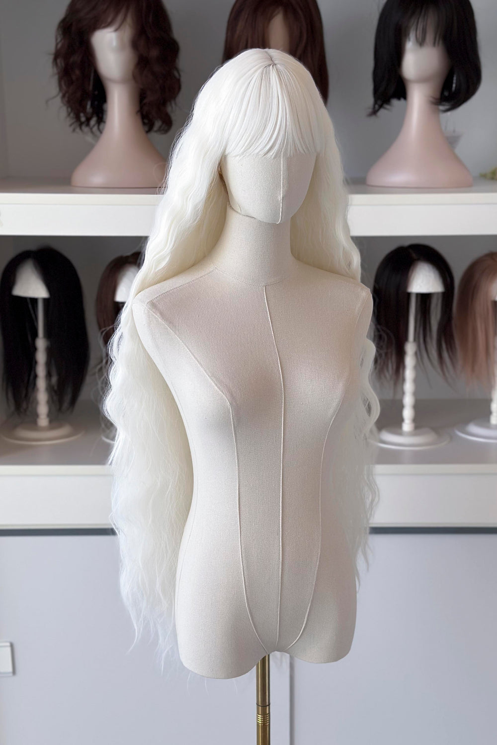 long white wig in front of other mannequin heads with wigs on a shelf.