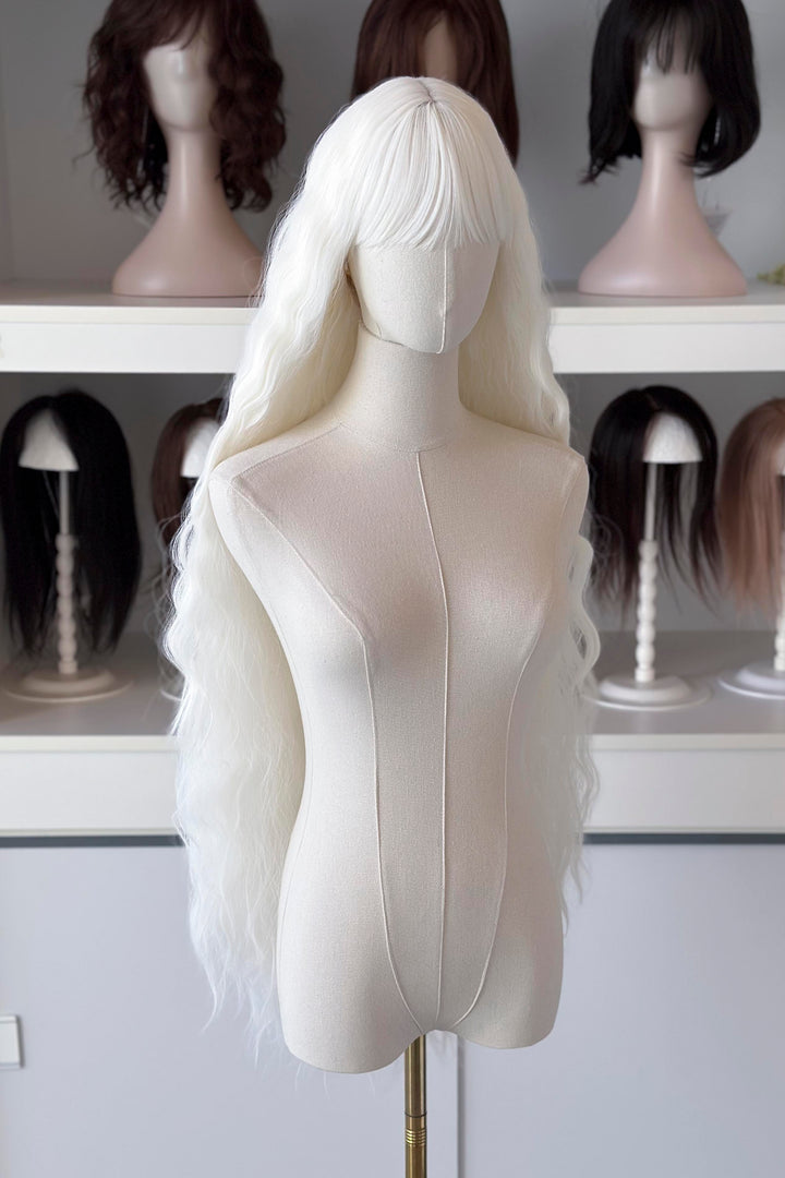 long white wig in front of other mannequin heads with wigs on a shelf.