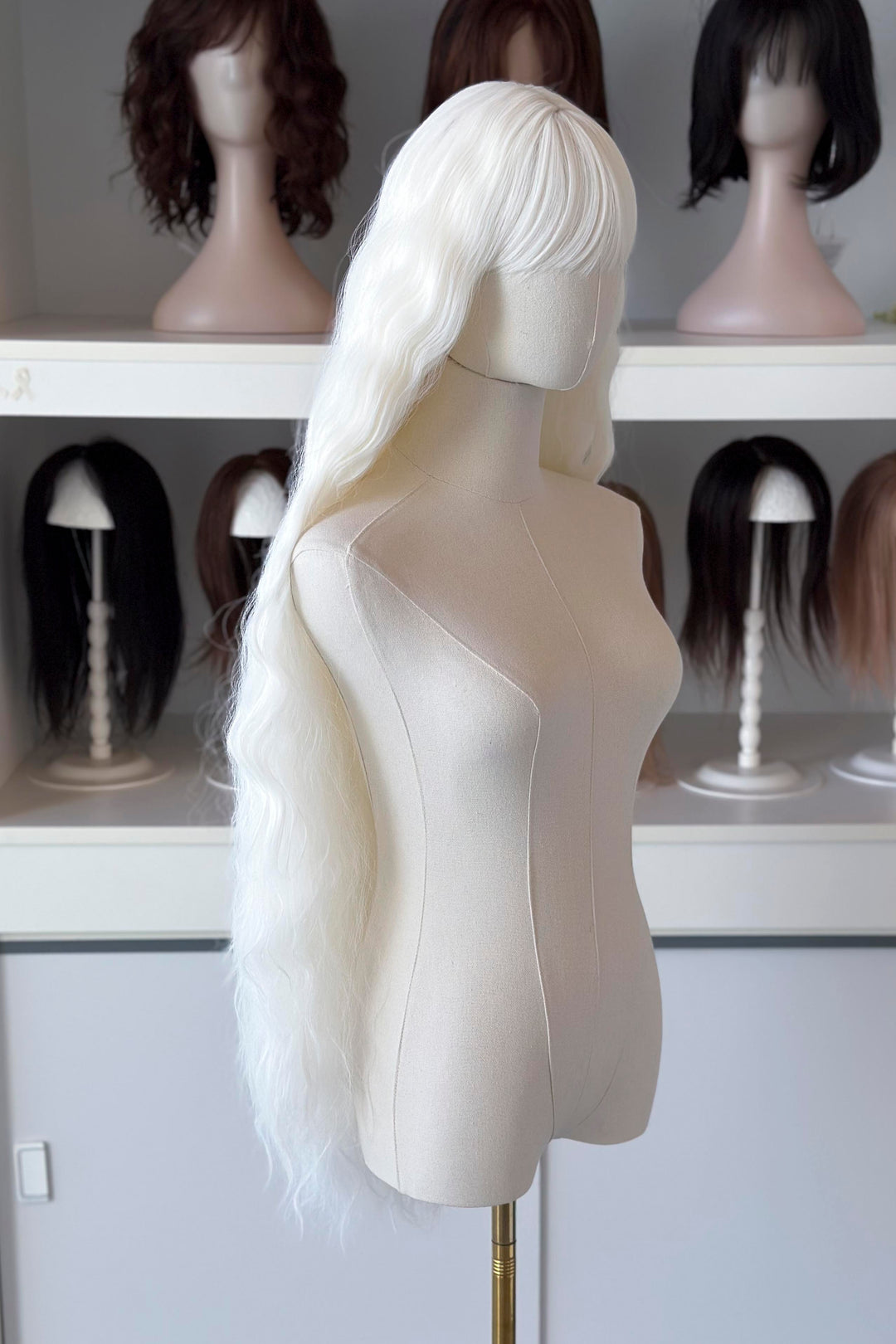 long white wig in front of other mannequin heads with wigs on a shelf.