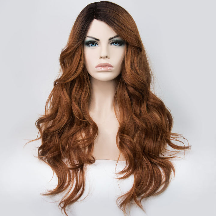 Her Wig Closet 30" Caramel Reddish Light Brown with Black Roots Wavy Synthetic Wig