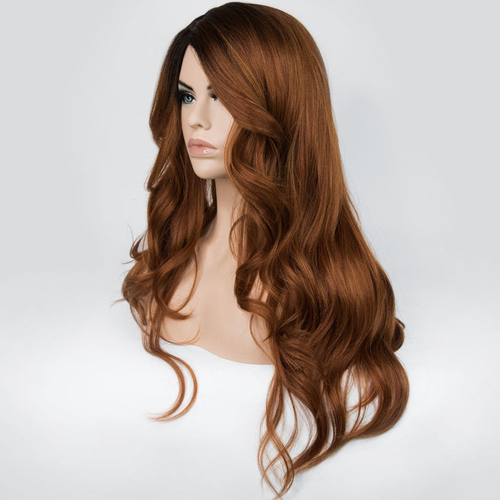 Her Wig Closet 30" Caramel Reddish Light Brown with Black Roots Wavy Synthetic Wig