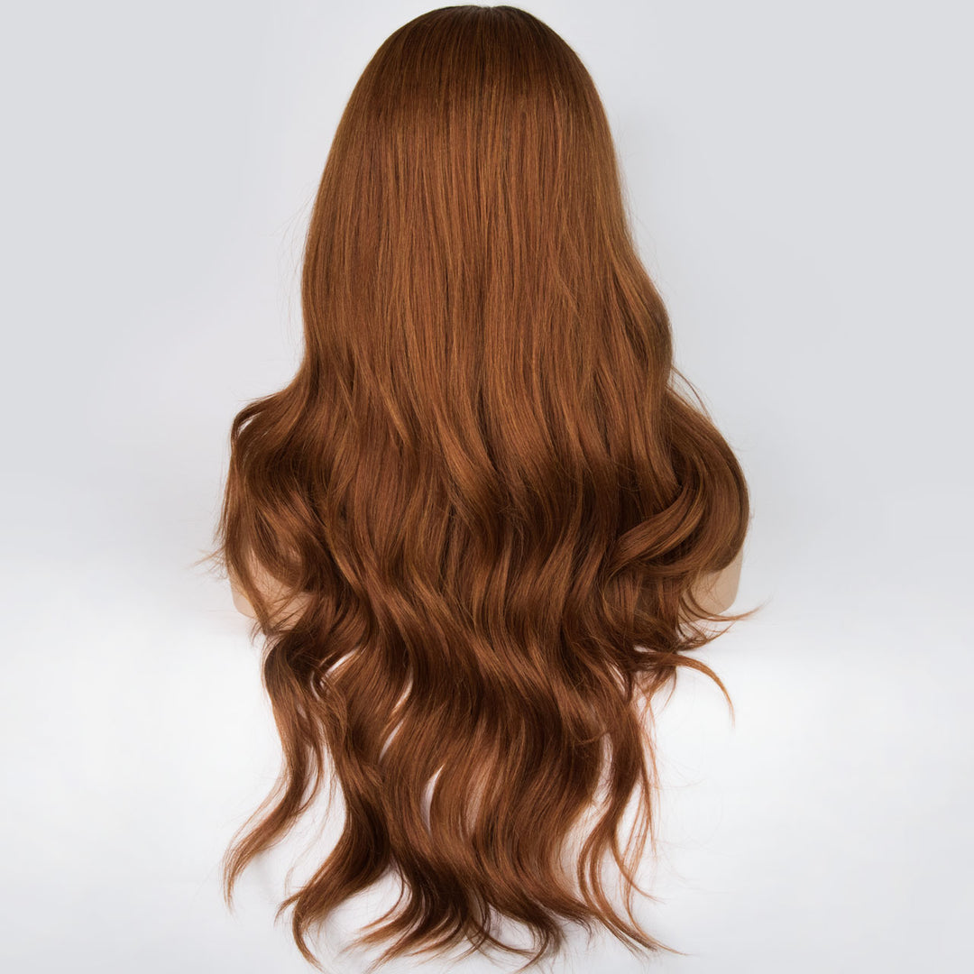 Her Wig Closet 30" Caramel Reddish Light Brown with Black Roots Wavy Synthetic Wig