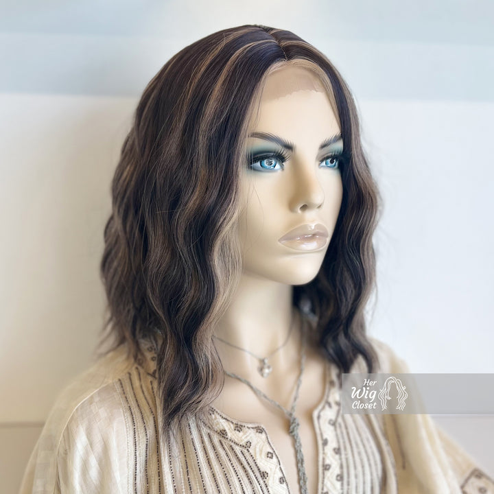 Golden Blonde Highlight Natural Brown Wavy Bob Small Lace Wig | Alma