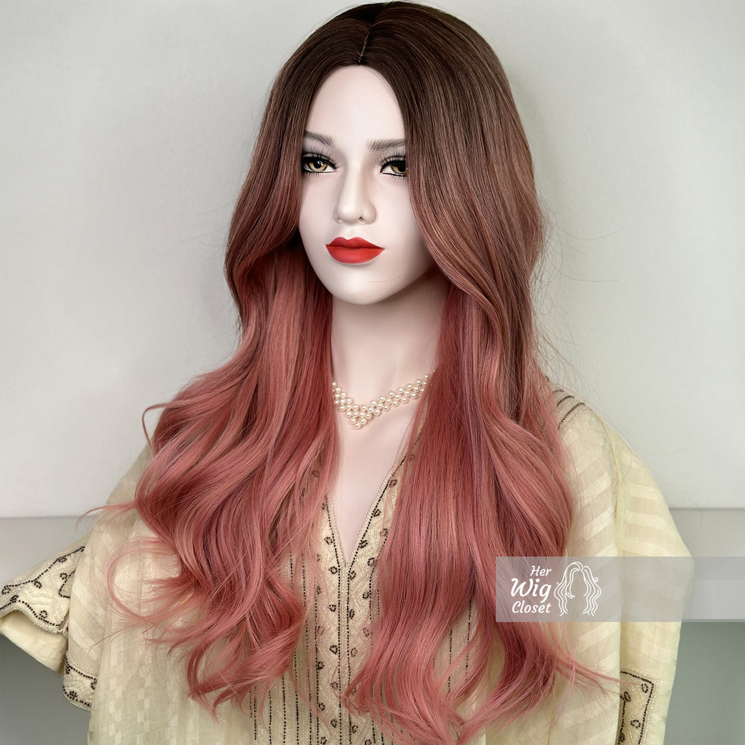 Dark Roots Sakura Pink Ombre Long Wavy Wig | Her Wig Closet | Anaella