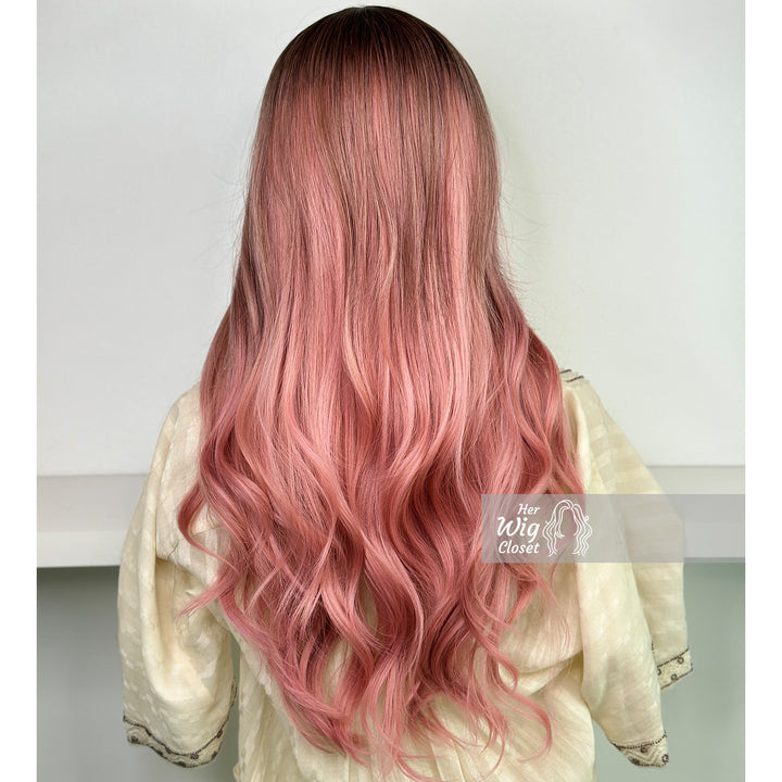 Dark Roots Sakura Pink Ombre Long Wavy Wig | Her Wig Closet | Anaella