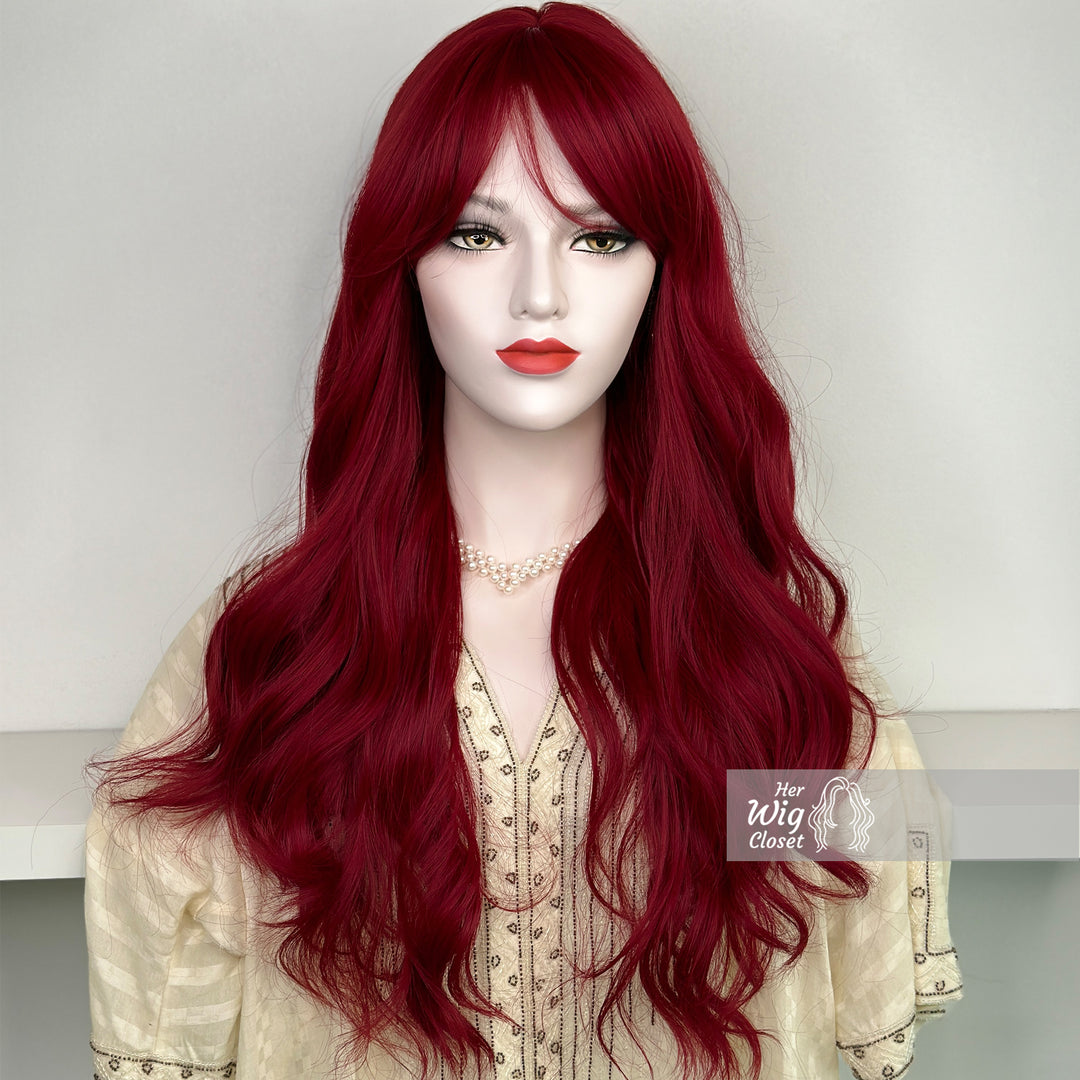 Red Burgendy Wavy Wig with Bangs | Her Wig Closet | Aria