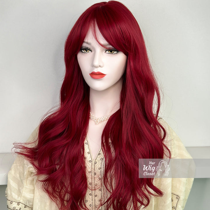 Red Burgendy Wavy Wig with Bangs | Her Wig Closet | Aria