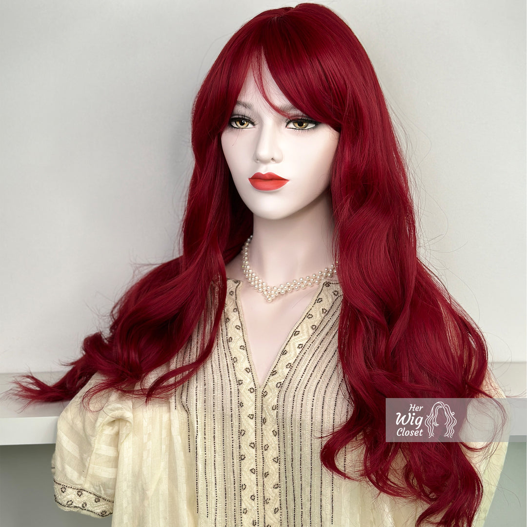 Red Burgendy Wavy Wig with Bangs | Her Wig Closet | Aria