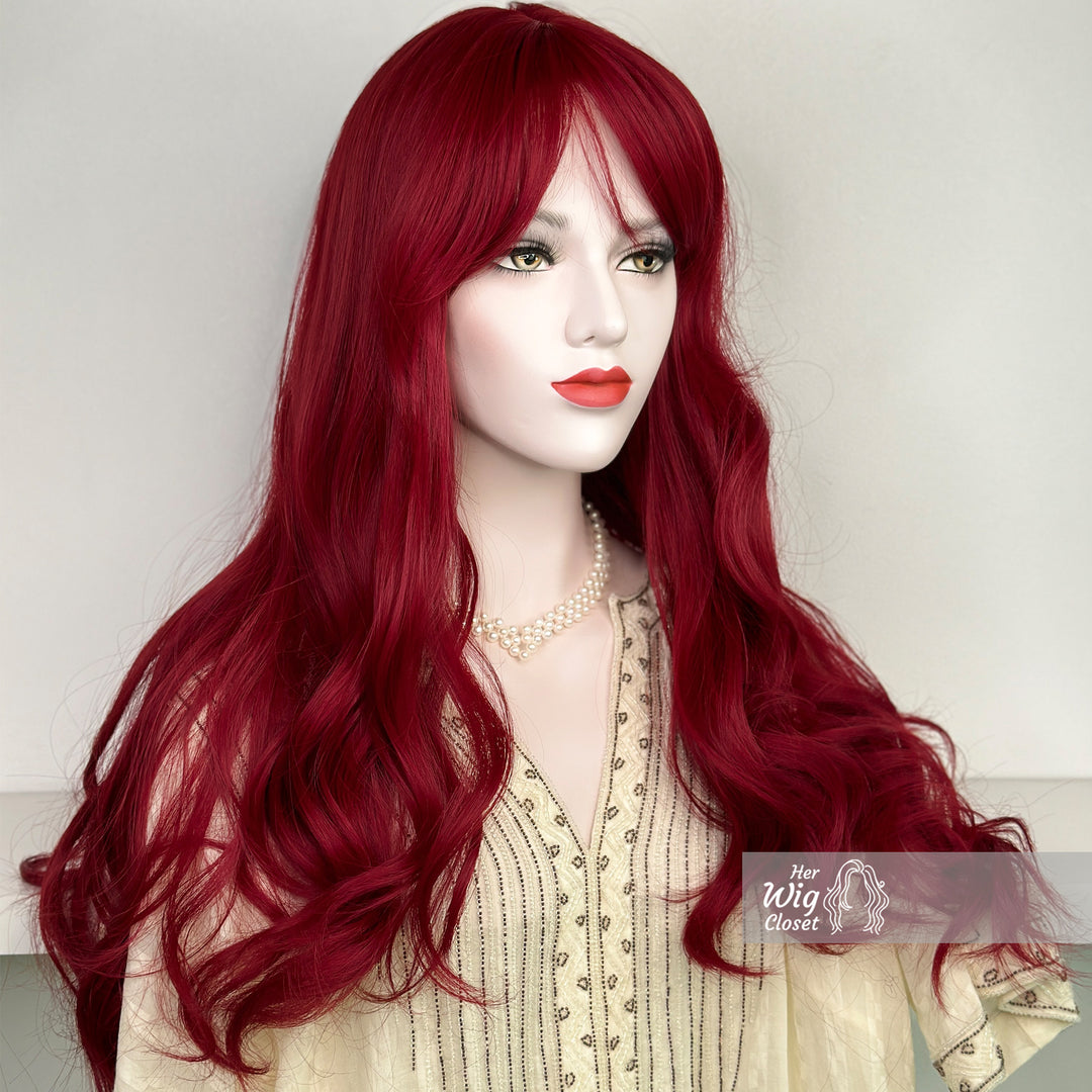 Red Wavy Synthetic Wig with Bangs Aria