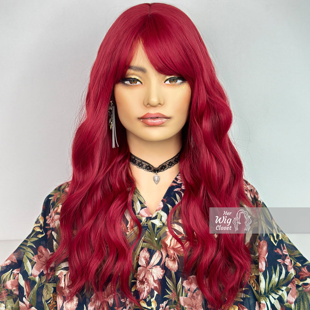 Red Burgendy Wavy Wig with Bangs | Her Wig Closet | Attina