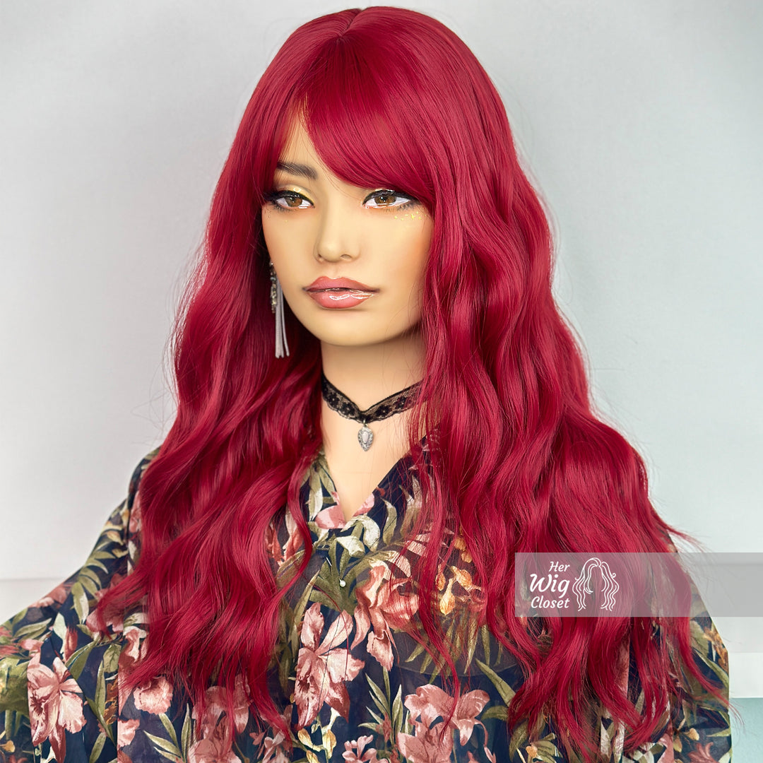 Red Burgendy Wavy Wig with Bangs | Her Wig Closet | Attina