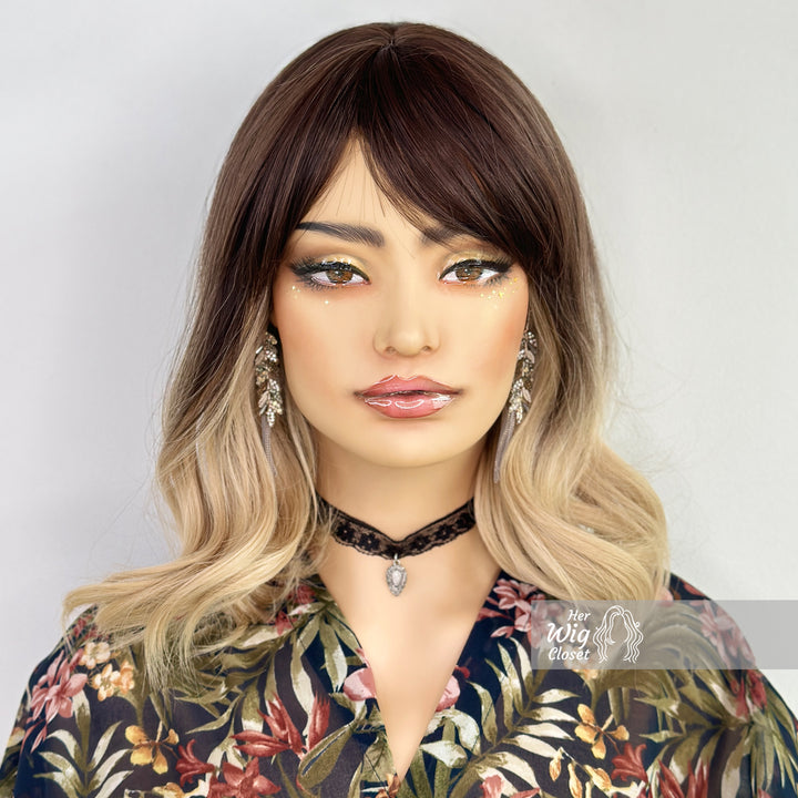 Dark Roots Ash Blonde Ombre Wig with Bangs | Brooke