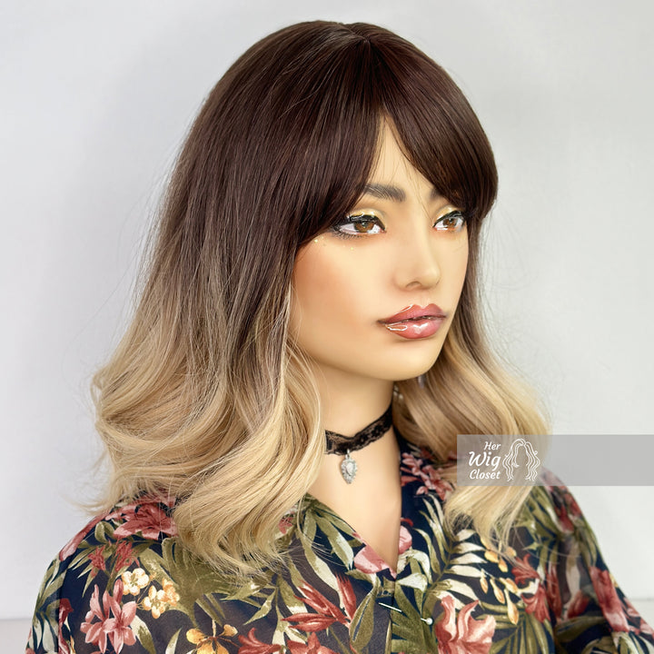 Dark Roots Ash Blonde Ombre Wig with Bangs | Brooke