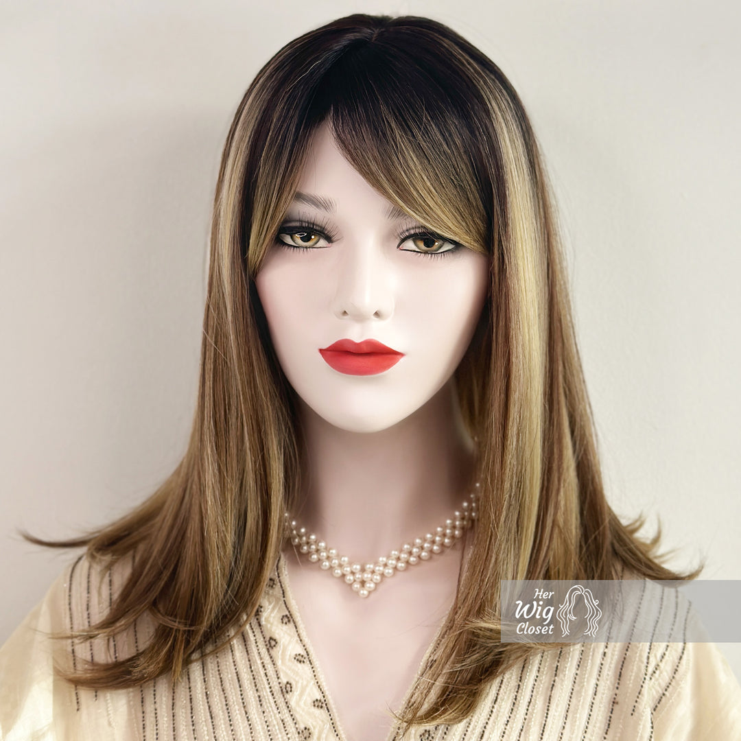 Dark Roots Ombre Blonde Highlight Balayage Straight Hair Wig with Bangs | Her Wig Closet | Elisa