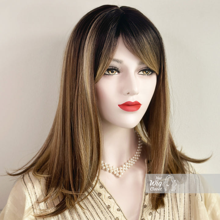 Dark Roots Ombre Blonde Highlight Balayage Straight Hair Wig with Bangs | Her Wig Closet | Elisa