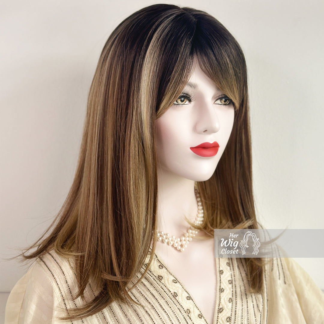 Dark Roots Ombre Blonde Highlight Balayage Straight Hair Wig with Bangs | Her Wig Closet | Elisa