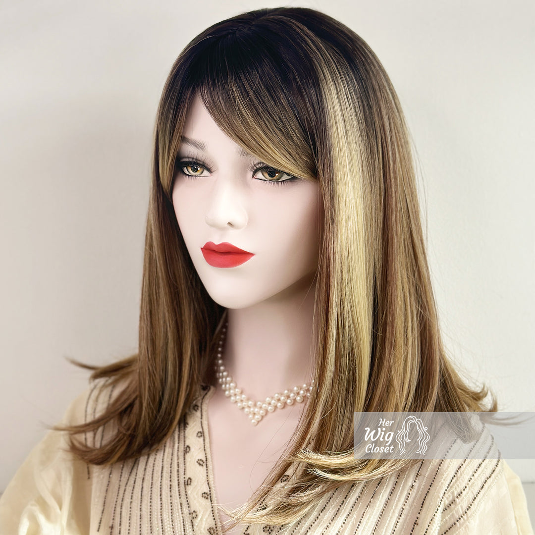 Dark Roots Ombre Blonde Highlight Balayage Straight Hair Wig with Bangs | Her Wig Closet | Elisa