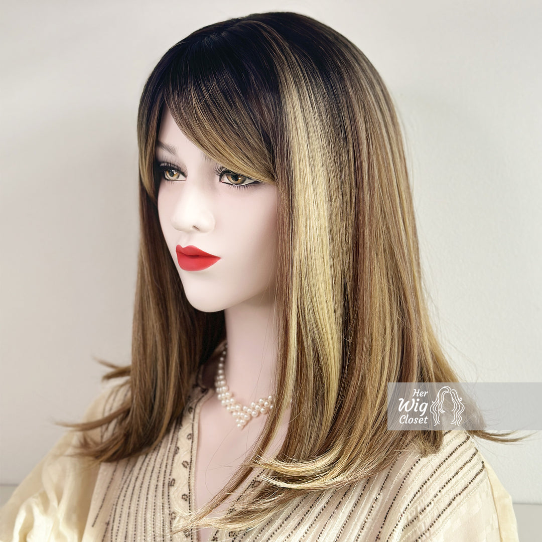 Dark Roots Ombre Blonde Highlight Balayage Straight Hair Wig with Bangs | Her Wig Closet | Elisa