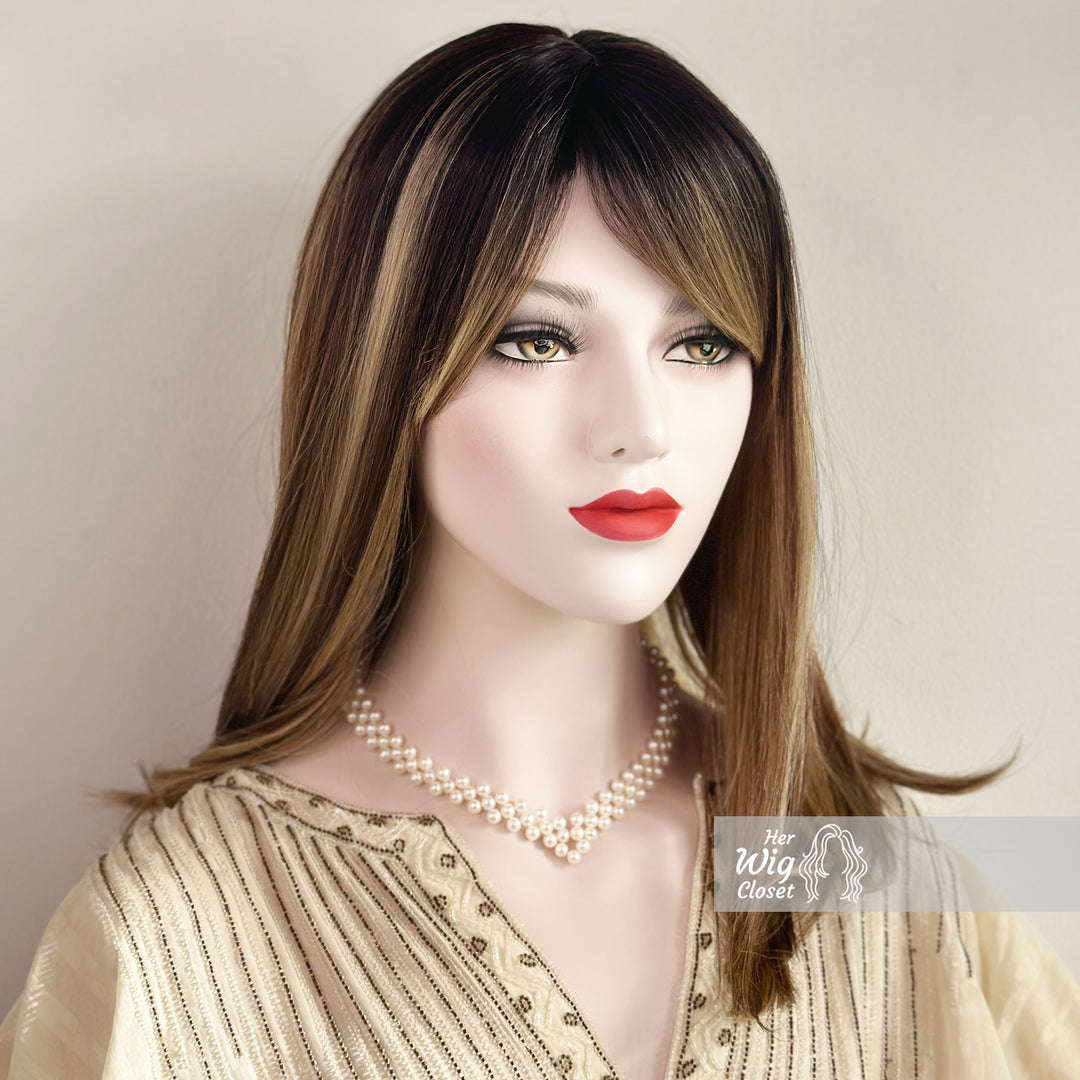 Dark Roots Ombre Blonde Highlight Balayage Straight Hair Wig with Bangs | Her Wig Closet | Elisa