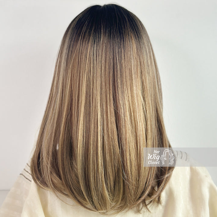 Dark Roots Ombre Blonde Highlight Balayage Straight Hair Wig with Bangs | Her Wig Closet | Elisa