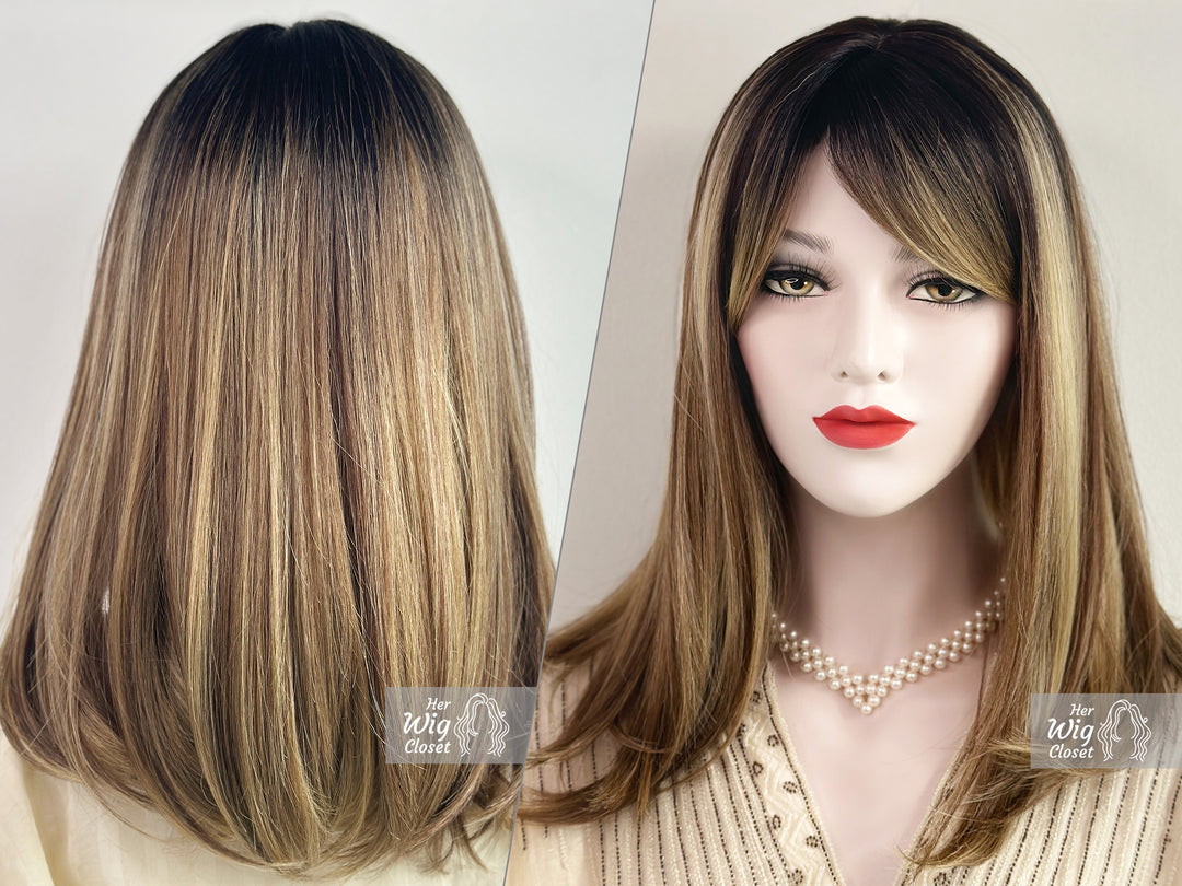 Dark Roots Ombre Blonde Highlight Balayage Straight Hair Wig with Bangs | Her Wig Closet | Elisa