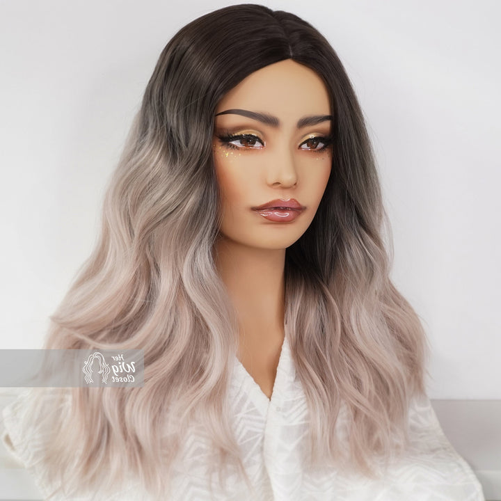 Dark Roots Ashy Silver Ombre Wavy Wig | Elliot