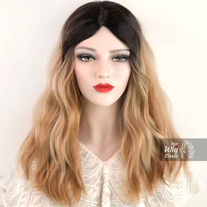 Black Roots Ash Blonde Color Wavy Wig | Fairfax