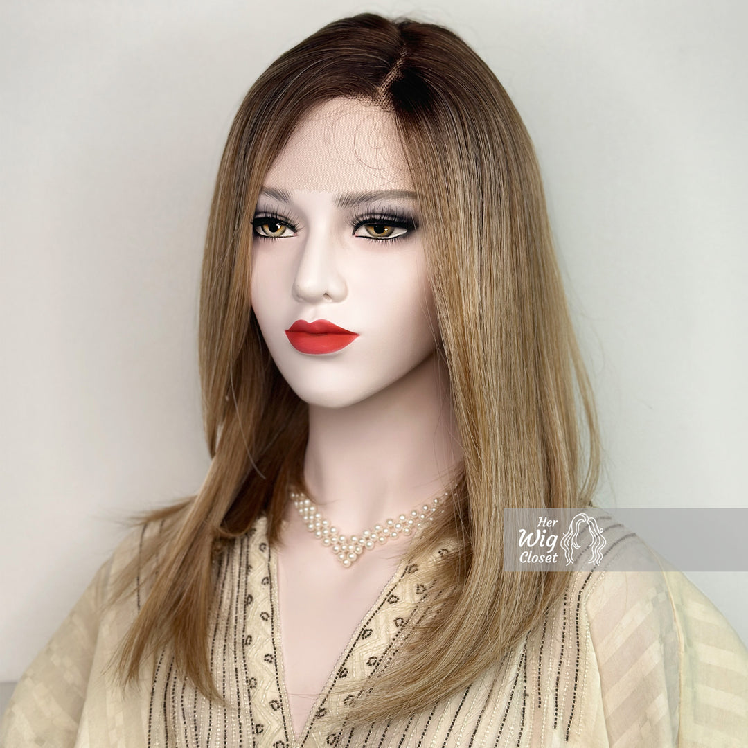 Dark Roots Ash Blonde Ombre Straight Side Part Lace Wig | Her Wig Closet | Fontaine