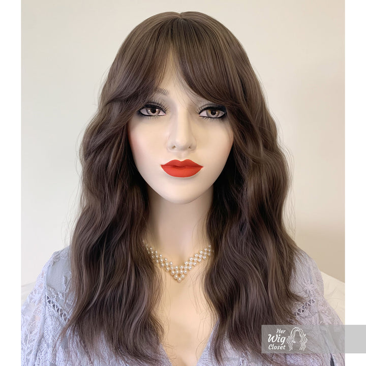 Ash Brown Wavy Synthetic Wig with Bangs Gabriella