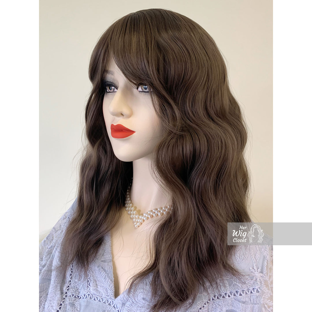 Ash Brown Wavy Synthetic Wig with Bangs Gabriella