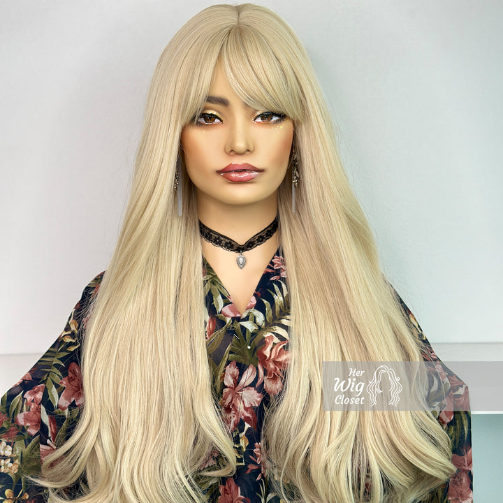 Ash Blonde Long Straight Wavy Wig with Bangs | Her Wig Closet | Ingrid