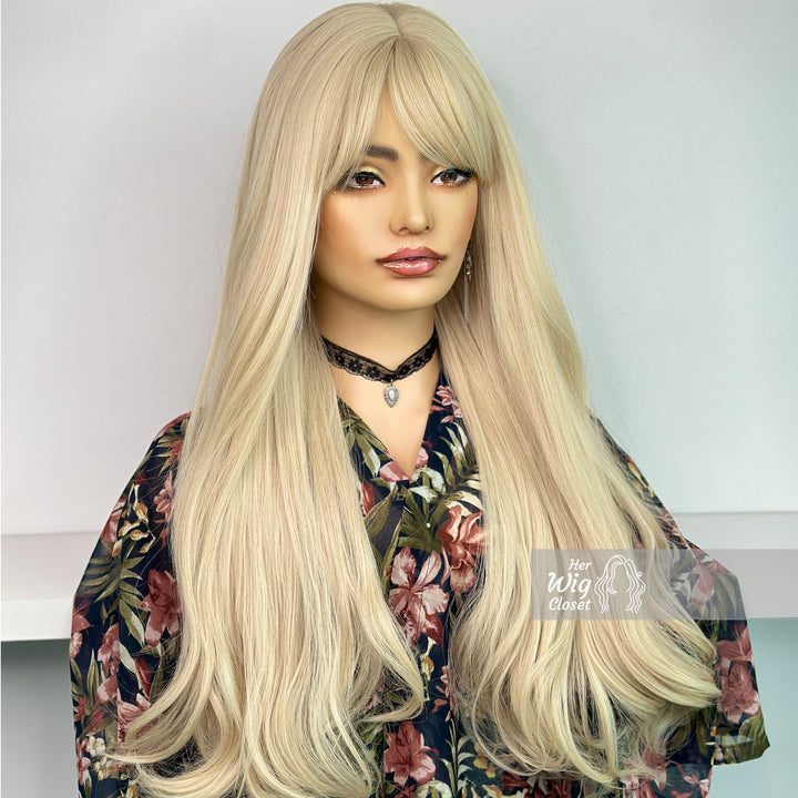 Ash Blonde Long Straight Wavy Wig with Bangs | Her Wig Closet | Ingrid