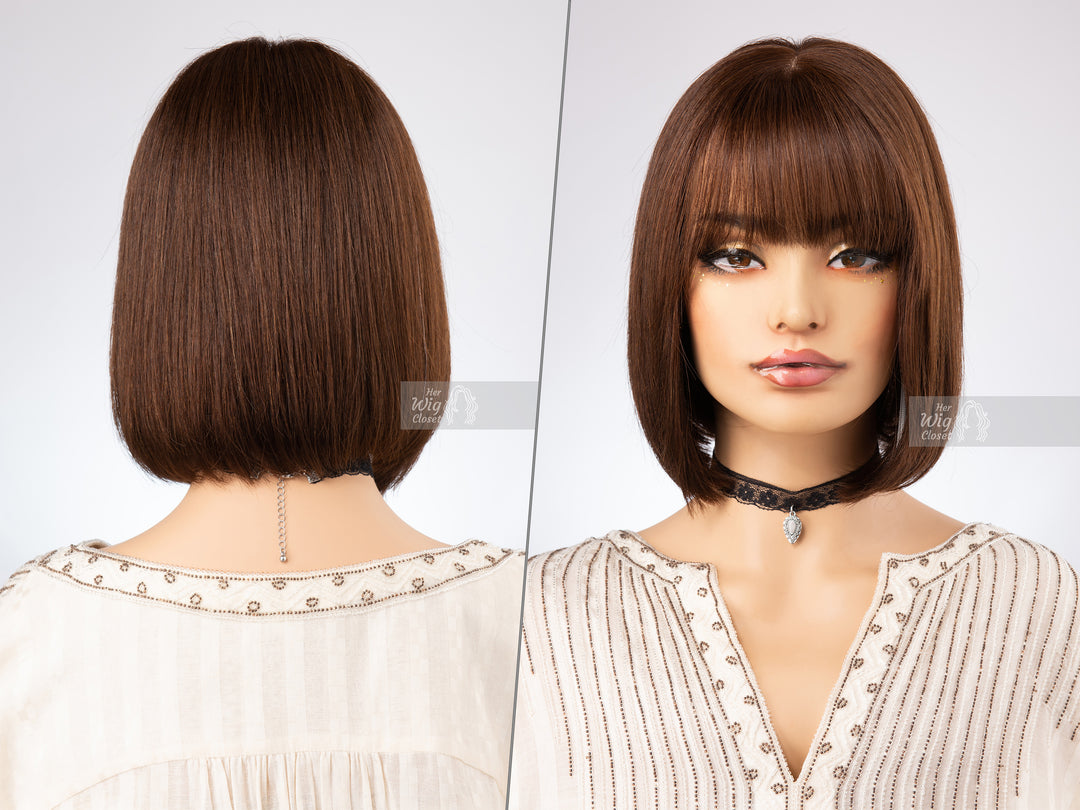 Bob Cut Straight Hair Wig Natural Brown Brunette Wig with Bangs