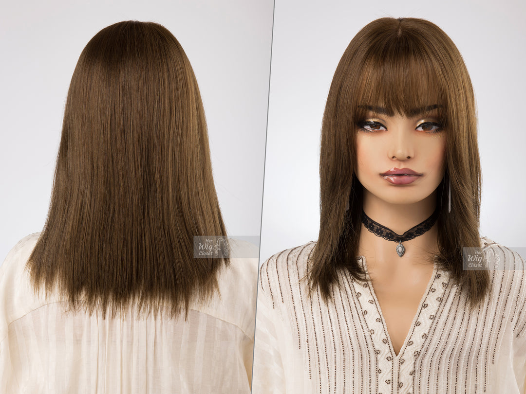 Natural Brown with Matcha Undertone Straight Long Bob Human Hair Wig with bangs