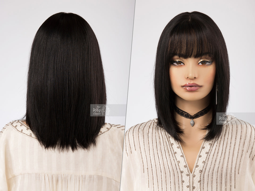 Natural Black Medium Length Straight Bob Human Hair Wig with bangs