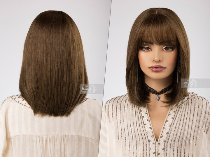 Natural Brown with Mocha Undertone Medium Length Straight Bob Human Hair Wig with bangs