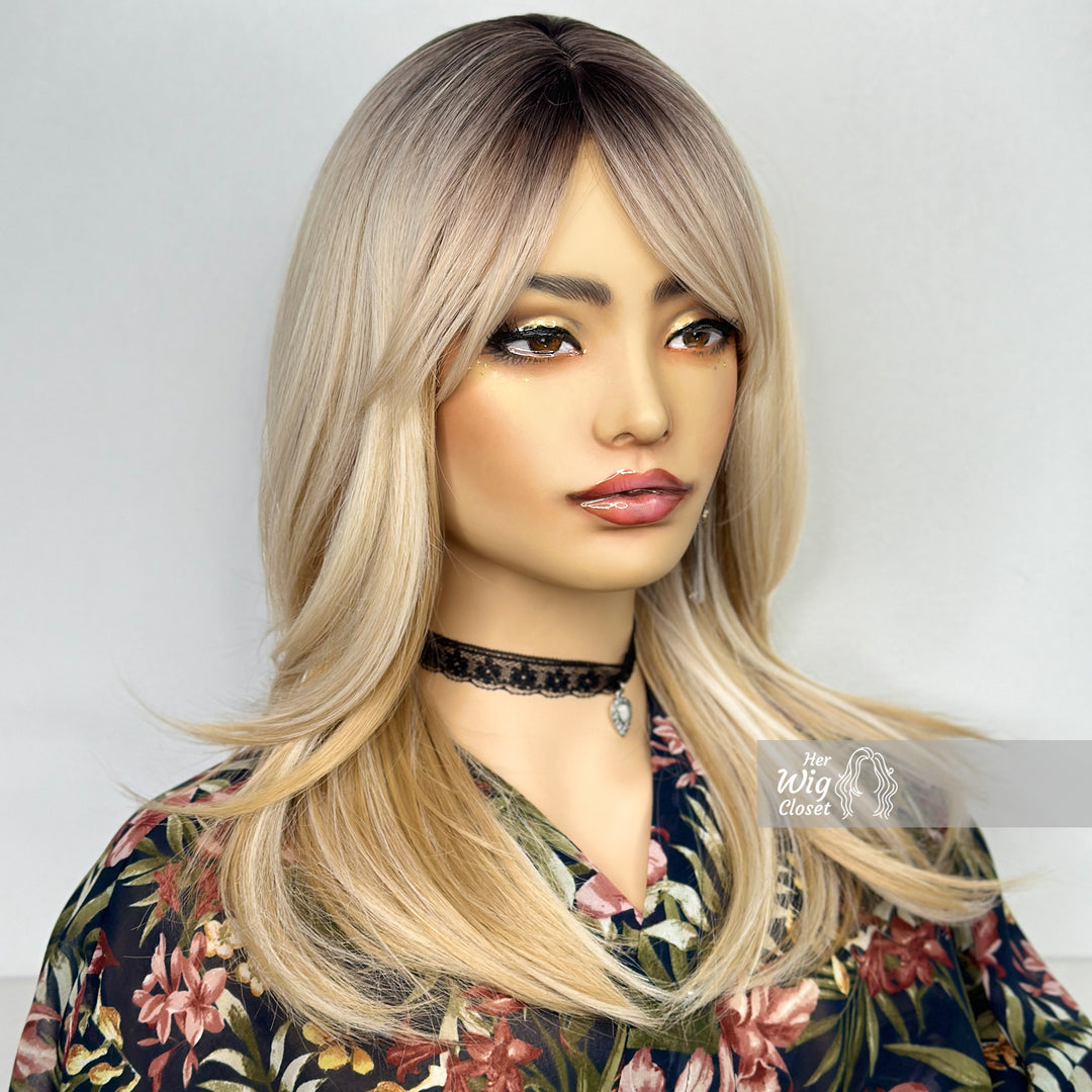 Honey Blonde Ombre Straight Long Bob Wig with Bangs | Her Wig Closet | Lyla
