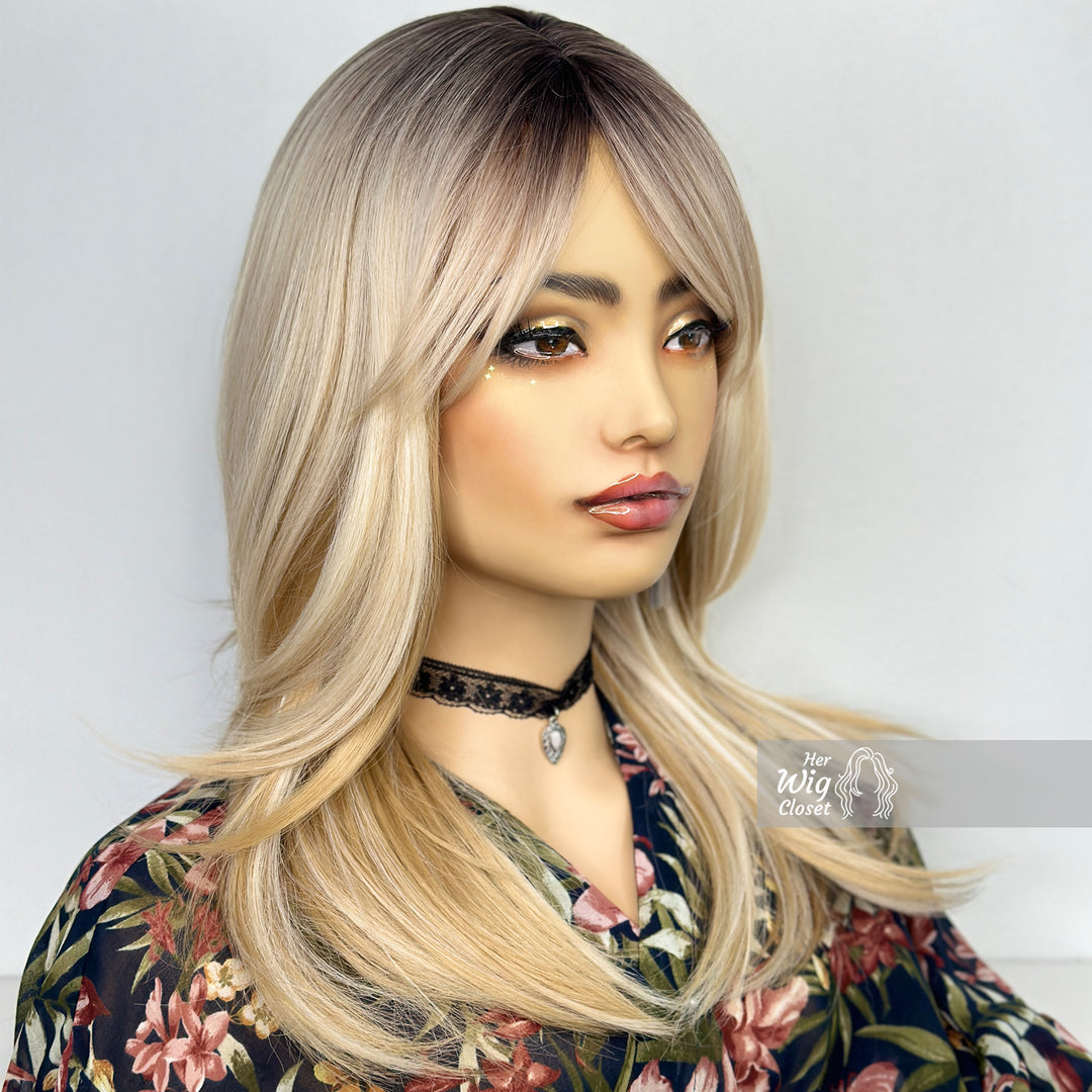 Honey Blonde Ombre Straight Long Bob Wig with Bangs | Her Wig Closet | Lyla