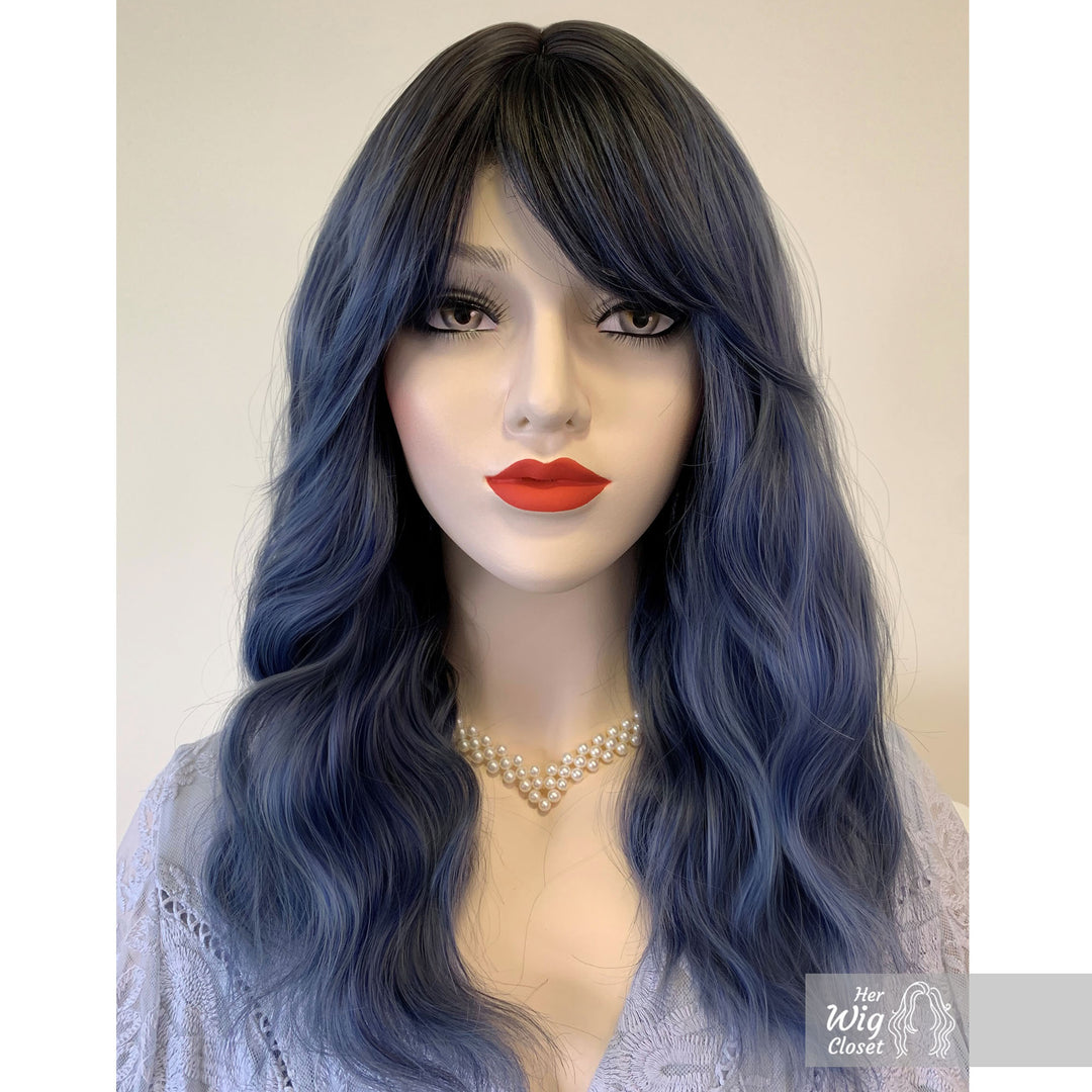 Odeta | 16" Dark Brown Ash Blue Gray Ombre Wavy Wig with Bangs