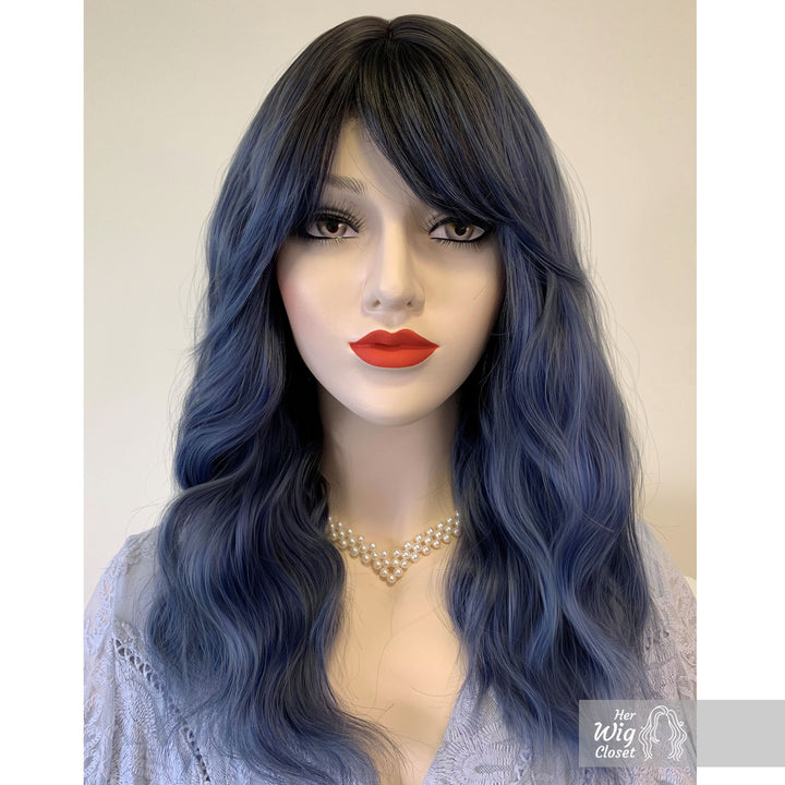 Odeta | 16" Dark Brown Ash Blue Gray Ombre Wavy Wig with Bangs